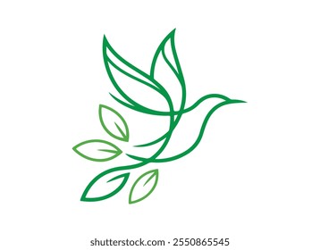 Vector plano de la Plantilla del diseño del icono del logotipo del pájaro de la hoja, zumbido del diseño del logotipo, diseño del pájaro de la naturaleza, pájaro y Ilustración vectorial premium del logotipo de la combinación de la hoja