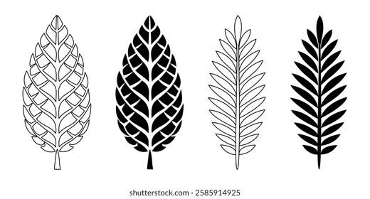 leaf black and white Botanical Art vector design featuring acacia, alder, aspen, beech, cypress and magnolia. Fully scalable and customizable for print and digital.