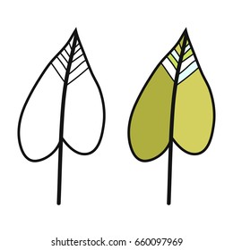 Leaf. Black and white illustration for coloring book. Doodle object.