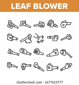 Leaf Blower Equipment Collection Icons Set Vector. Leaf Blower Electronic Device, Cleaning Blowing Tool Machine, Gardening Appliance Concept Linear Pictograms. Monochrome Contour Illustrations