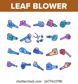 Leaf Blower Equipment Collection Icons Set Vector. Leaf Blower Electronic Device, Cleaning Blowing Tool Machine, Gardening Appliance Concept Linear Pictograms. Color Contour Illustrations