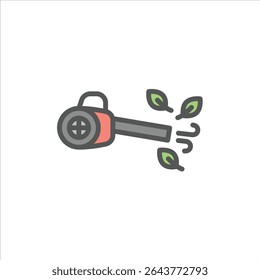 Icono de contorno lleno de soplador de hojas. Ilustración de línea de color de jardín de limpieza.