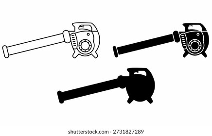leaf blower icon set commonly known as a blower, sometimes called walk-behind leaf blowers or   called blower vacs. vector illustration in thin, line, outline, silhouette