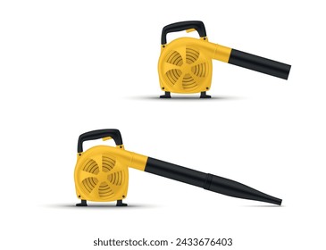 Soplador de hojas de temporada al aire libre más limpio dispositivo de tecnología industrial de flujo de aire conjunto ilustración vectorial realista. Equipo de soplado de hojas de servicio de maquinaria doméstica de compresión cultivo tubo de jardinería