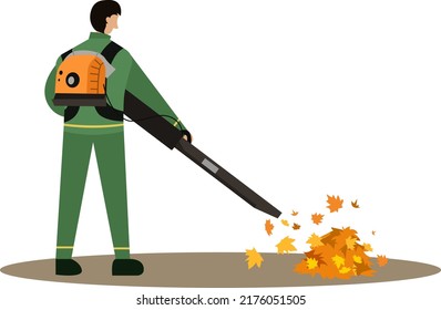 leaf blower worker vector illustration, cleaning street from leaf, worker with backpack leaf blower. flat illustration for web and icon