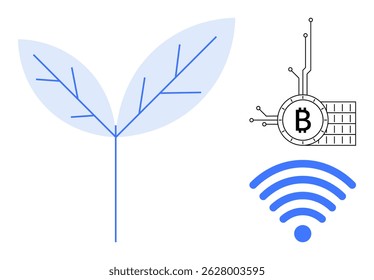Leaf with blue veins next to a digital Bitcoin symbol and wireless icon. Ideal for technology, sustainability, cryptocurrency, communication, digital transformation. Minimalist, modern, clean