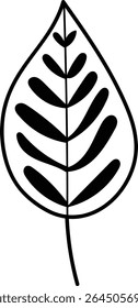 A leaf with bold geometric patterns in a clean line drawing style. The illustration highlights symmetry and simplicity in its design. Cartoon vector illustration.
