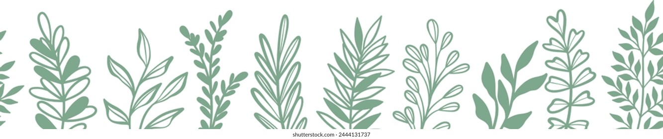 Leaf border, hand drawn green plant banner design with leaves, isolated