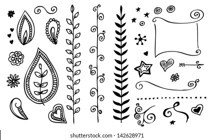 Leaf Border Shape Doodle Drawn Divider Line Pencil Frame Heart Nails Drawn Vector Straight Outline Set And Design Element Leaf Border Shape Doodle Drawn Divider Line Pencil Frame Heart White Vegetatio