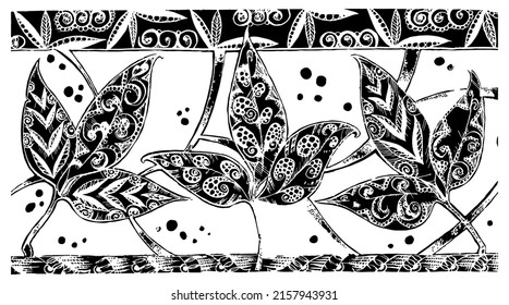Leaf border. Vector flowers, branches, leaves and background. Beautiful leaves on a white background. Black and white ink graphics. Vector illustration