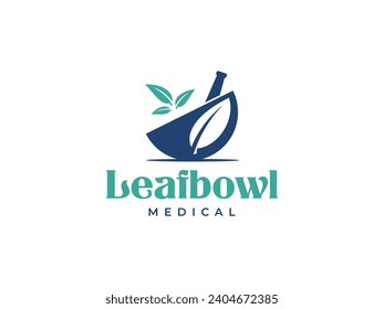 Leaf Bowl Medical Mortar Stamper Logo Vector Illustration Icon, Template Logo. handmade