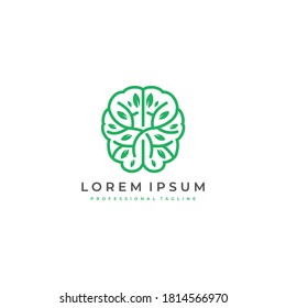 leaf brain logo with line art concept. creative eco innovation, nature science mind related identity business symbol stock illustration.