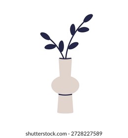 Ramo de folha em vaso de cerâmica. Galho verde, planta folhagem para decoração interior de casa. Decoração botânica orgânica natural, folhas, vegetação folhosa. Ilustração de vetor plano isolada no plano de fundo branco