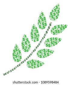 Leaf branch collage of dollar symbols and circle dots. Vector dollar signs are composed into leaf branch mosaic.