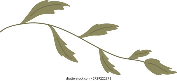 Ramo de folha com caule curvo e folhagem lobada simples na arte de linha limpa. Símbolo da natureza, crescimento, elegância e harmonia botânica. Ilustração de vetor de desenhos animados.