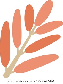 Leaf branch with elongated oval leaflet on a clean stem, bold shapes and smooth edges. Symbol of nature, growth, herbal foliage, and organic wellness. Cartoon vector illustration.