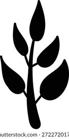 Rama de hoja con cinco hojas de lágrima en un tallo en silueta sólida. Símbolo de crecimiento, naturaleza, eco y pureza para la marca y el bienestar. Ilustración vectorial de dibujos animados.