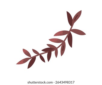 Ramo de folha, decoração de folhagem. Planta tropical curvada com folhas. Elemento decorativo de design botânico. Exótica decoração de natureza folhosa. Ilustração vetorial gráfica plana isolada no plano de fundo branco
