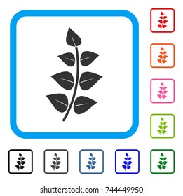 Leaf Branch icon. Flat grey pictogram symbol in a blue rounded rectangle. Black, gray, green, blue, red, orange color versions of Leaf Branch vector. Designed for web and software user interface.