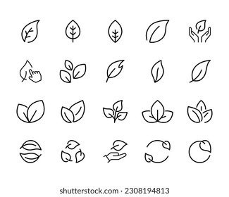  leaf, branch icon set, Eco friendly ecology icons. Environmental  Leaves, natural, eco, vegan, bio labels vector symbol logo illustration line editable stroke design style isolated on white