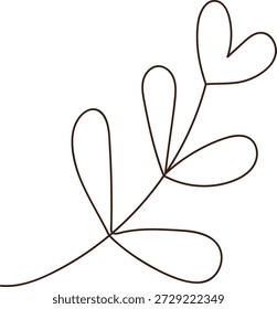 Leaf branch with looping stem forming petal shapes and a heart tip drawn in continuous line. Symbol of love, growth, and nature for greeting, wedding, and branding. Cartoon vector illustration.