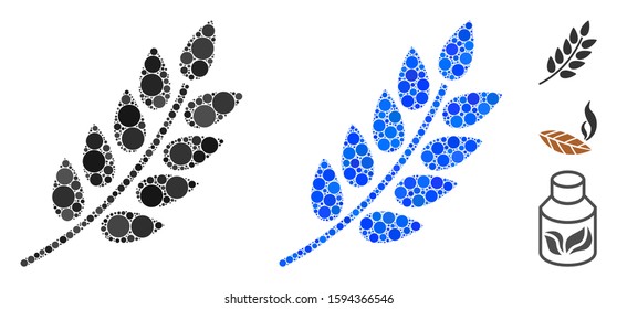 Leaf branch mosaic of filled circles in variable sizes and color tinges, based on leaf branch icon. Vector filled circles are composed into blue mosaic.
