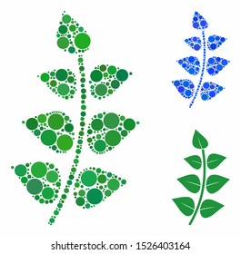 Leaf branch mosaic for leaf branch icon of small circles in various sizes and color tones. Vector small circles are organized into blue mosaic. Dotted leaf branch icon in usual and blue versions.