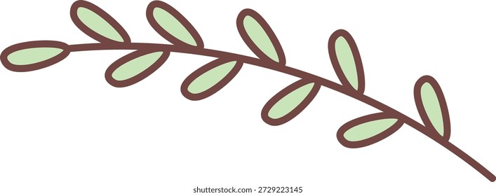 Ramo de folha com folhagem oval em um galho curvo, contorno em negrito e formas limpas. Símbolo de natureza, crescimento, vibração orgânica e tema ecológico. Ilustração de vetor de desenhos animados.