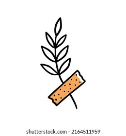 Leaf branch with scotch sticky tape element. Doodle sketch scribble style. Hand drawn floral vector illustration for diary decoration.