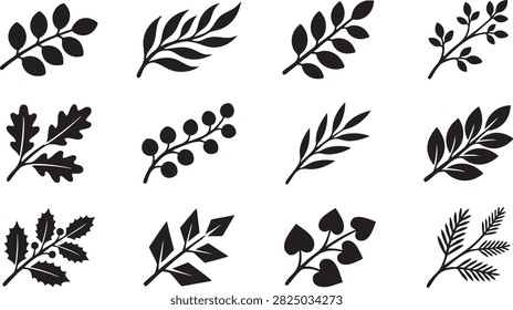 Leaf and branch silhouette set with black botanical shapes for nature and floral design elements