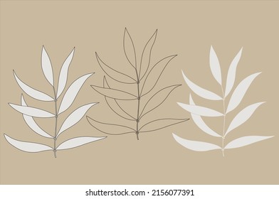 Leaf branch sketch hand drawn on a beige background. Black and white vector illustration