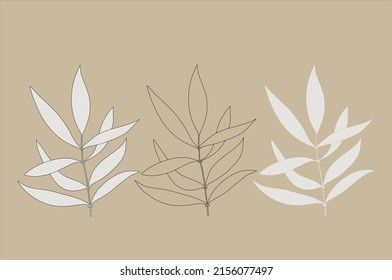 Leaf branch sketch hand drawn on a beige background. Black and white vector illustration