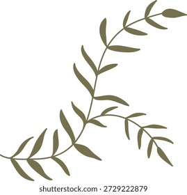 Ramificação de folha com curvatura fina diagonal, formas suaves e contorno limpo. Símbolo de natureza, crescimento, pureza orgânica e decoração botânica calma. Ilustração de vetor de desenhos animados.