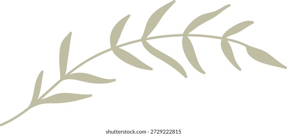 Rama de hojas con ramita delgada y hojas de almendra lisas en silueta limpia. Símbolo de la naturaleza, calma, pureza y armonía ecológica para la marca y la decoración. Ilustración vectorial de dibujos animados.