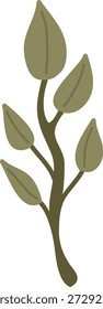 Ramo de folha com galho liso e cinco botões em linhas de desenhos animados limpos. Símbolo de crescimento, natureza, vida ecológica e harmonia orgânica para marca e embalagem. Ilustração de vetor de desenhos animados.