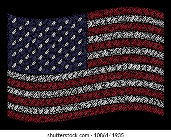 Leaf branch symbols are combined into waving USA flag stylization on a dark background. Vector collage of America state flag is composed from leaf branch items.
