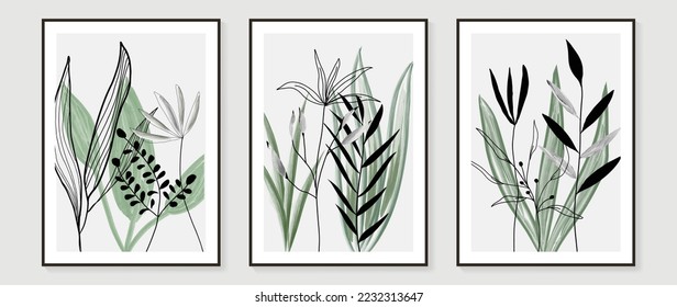 Leaf branch watercolor wall art set vector. Abstract tropical botanical foliage watercolor hand painting background. Design illustration for wall decor, home decoration, poster, wallpaper, banner.