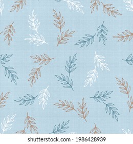 Leaf Branch. White, Brown, Blue Leaves Vector Seamless Pattern. Floral Background with Imitation Linen Burlap Texture.