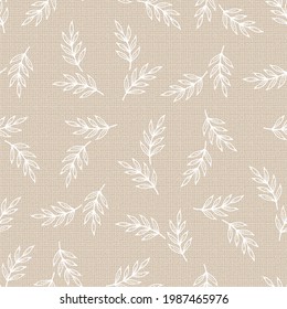 Leaf Branch. White Leaves Vector Seamless Pattern. Floral Brown Background with Imitation Linen Burlap Texture.