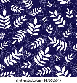 Leaf branches filled and outline white over blue background vector illustration seamless pattern.