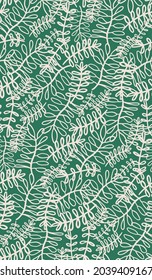 Leaf branches seamless repeat pattern. Random placed, botanical vector plant artwork all over surface print on green background.