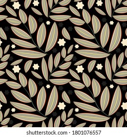 leaf branches seamless vector pattern black background