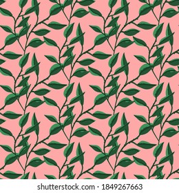 leaf branches seamless vector pattern on pink background
