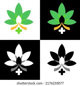 LEAF BUDHA LOGO SYMBOL , MODERN LOGO WITH PLUS SIGN AND COLOR OPTIONS IN BLACK AND WHITE BACKGROUND