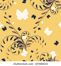 Leaf and butterfly seamless vector floral pattern on yellow background.Vector illustration