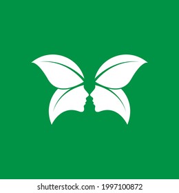 Leaf Butterfly Wing With Two Face Woman Logo Design Vector In Green Color