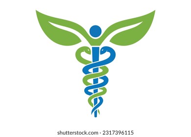 Leaf caduceus medical symbol, healthcare logo vector template