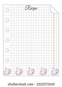 Leaf in a cage. A sheet of notepad. Note paper. Paper for recipes. Paper for recipes with garlic ornament.