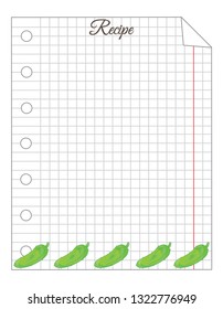 Leaf in a cage. A sheet of notepad. Note paper. Paper for recipes. Paper for recipes with cucumber ornament.