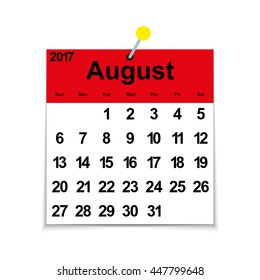 Leaf calendar 2017 with the month of August days of the week and dates